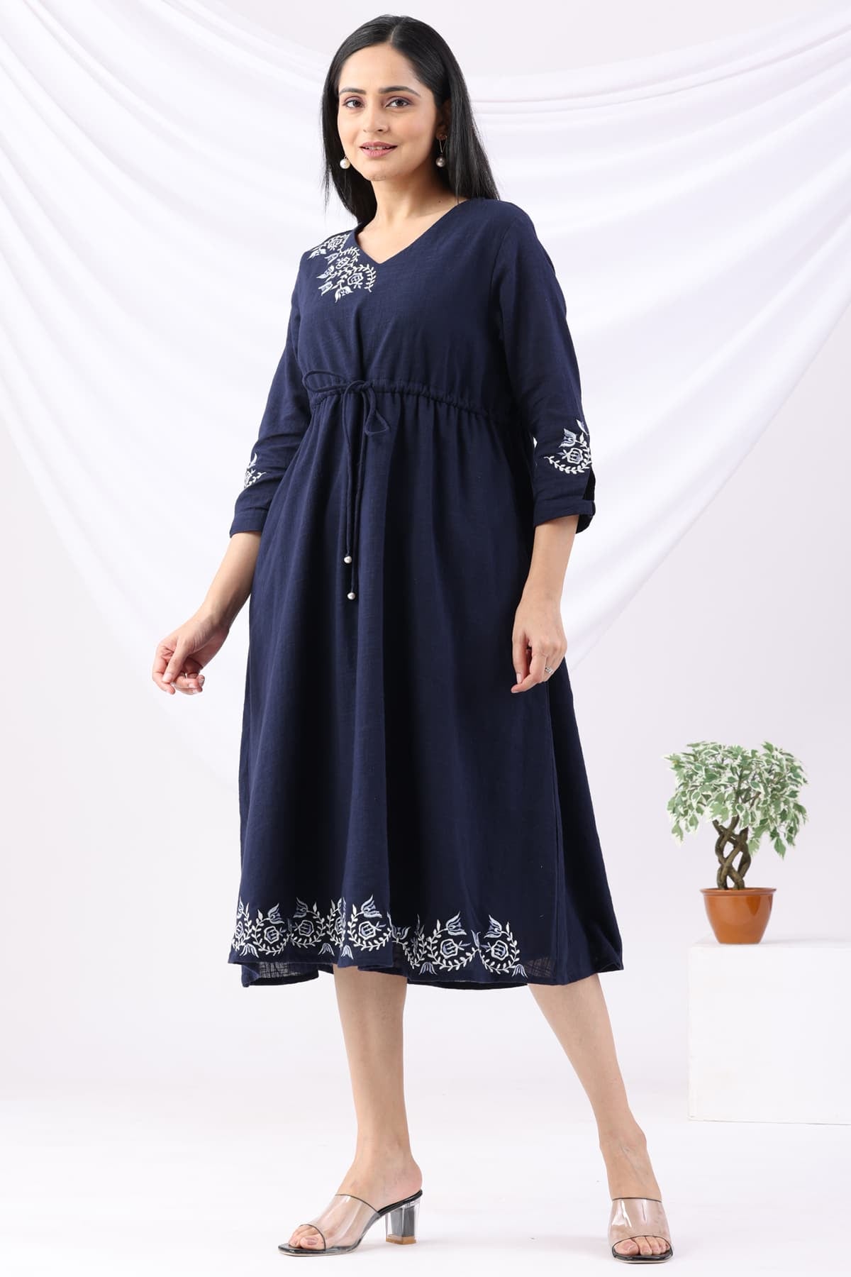 Navy Cotton Slub Embroidered V-Neck Dress