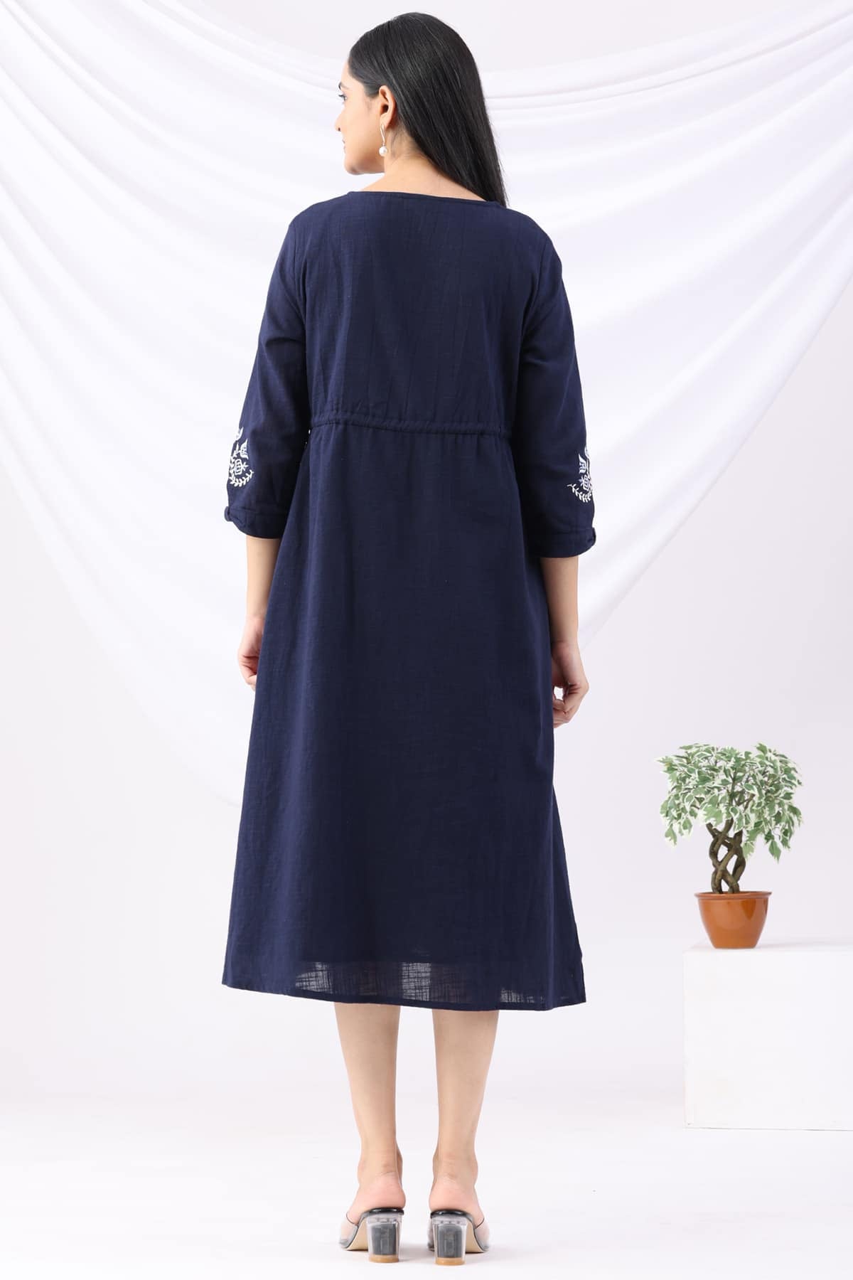 Navy Cotton Slub Embroidered V-Neck Dress