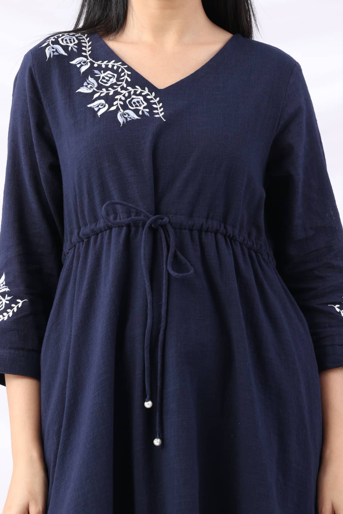 Navy Cotton Slub Embroidered V-Neck Dress