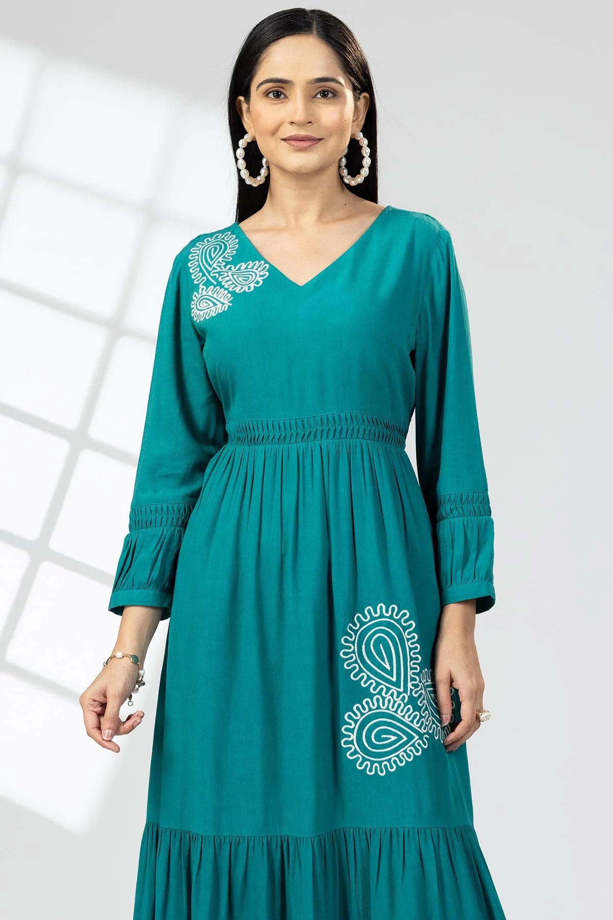 Sea Green Embroidered Calci Crepe Maxi Dress