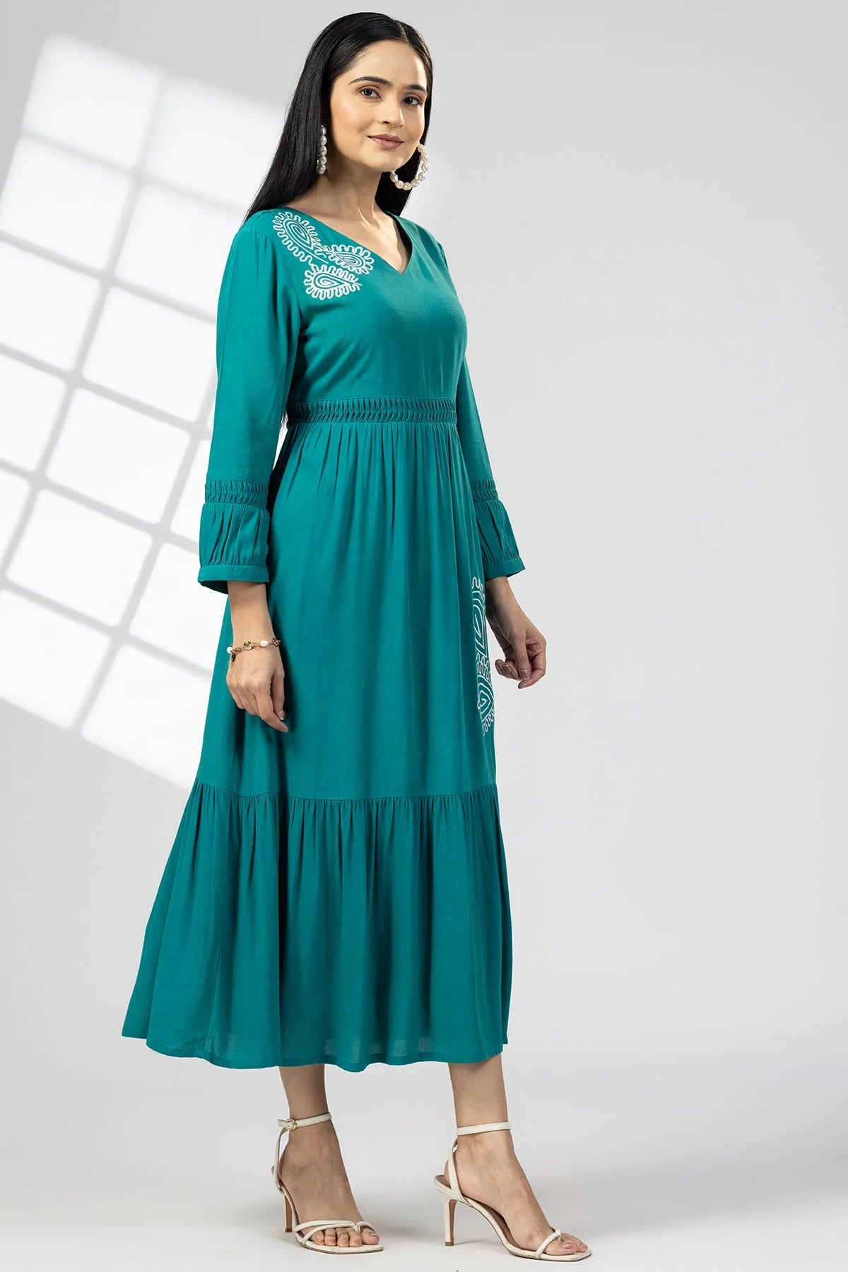 Sea Green Embroidered Calci Crepe Maxi Dress