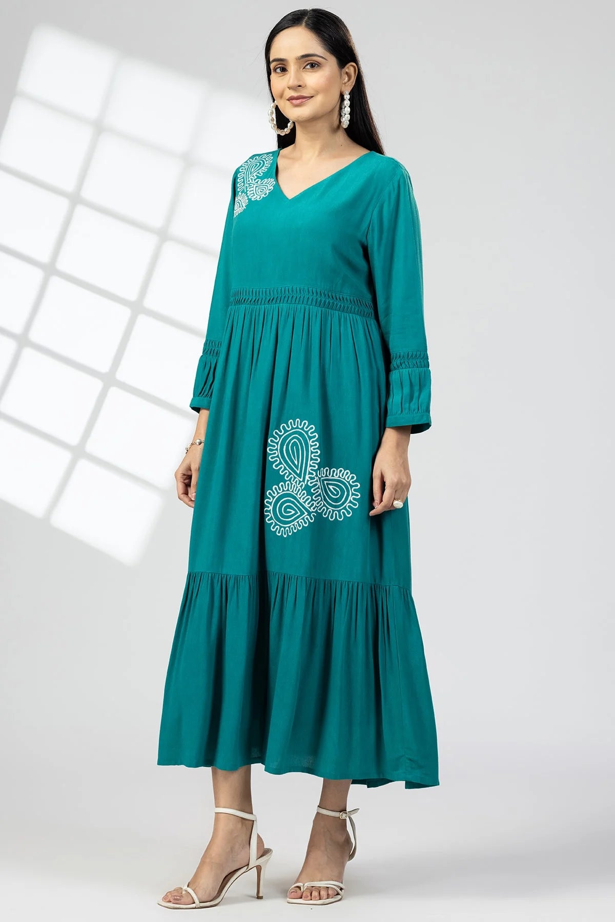 Sea Green Embroidered Calci Crepe Maxi Dress