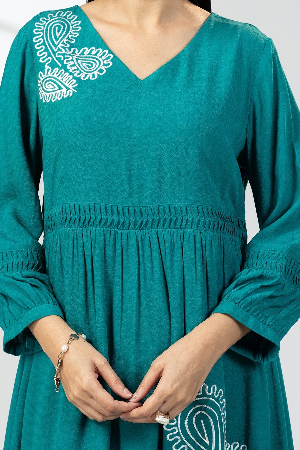 Sea Green Embroidered Calci Crepe Maxi Dress