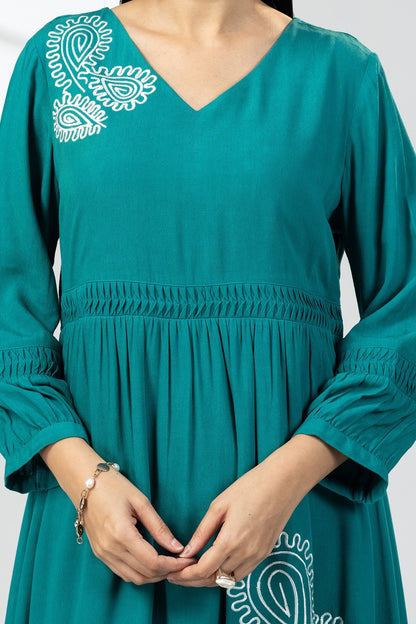 Sea Green Embroidered Calci Crepe Maxi Dress