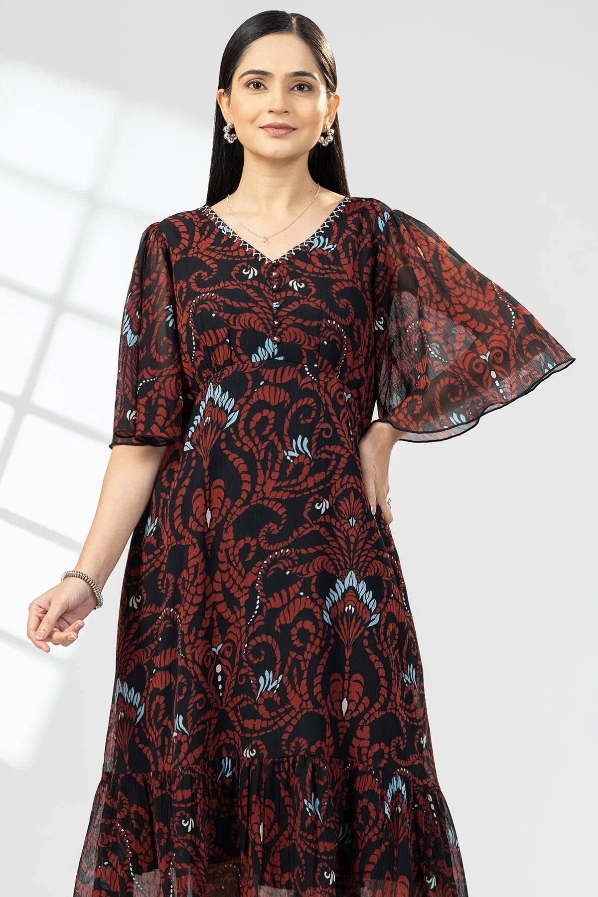 Brown Chiffon Print Dress with V-Neck & Flared Sleeves