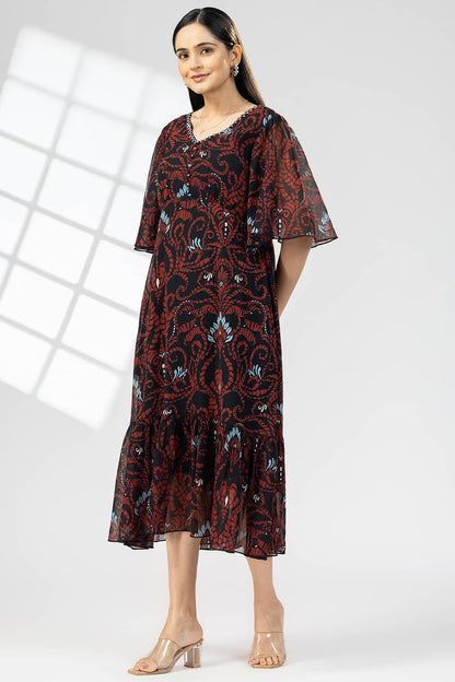 Brown Chiffon Print Dress with V-Neck & Flared Sleeves