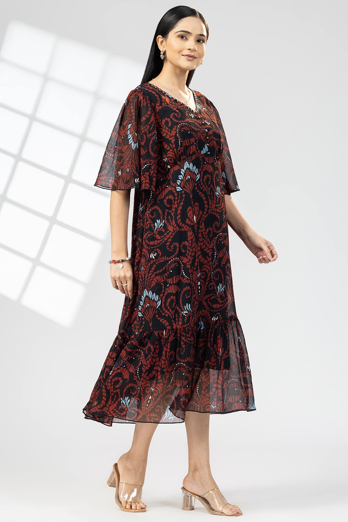 Brown Chiffon Print Dress with V-Neck & Flared Sleeves