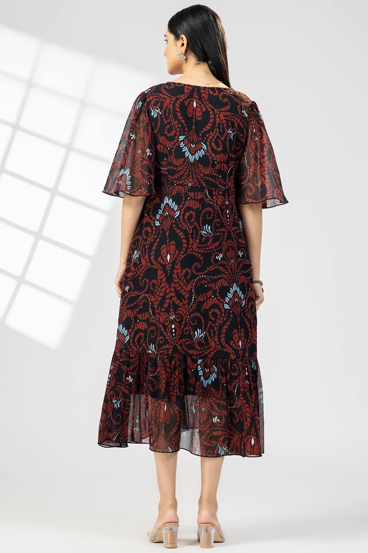 Brown Chiffon Print Dress with V-Neck & Flared Sleeves