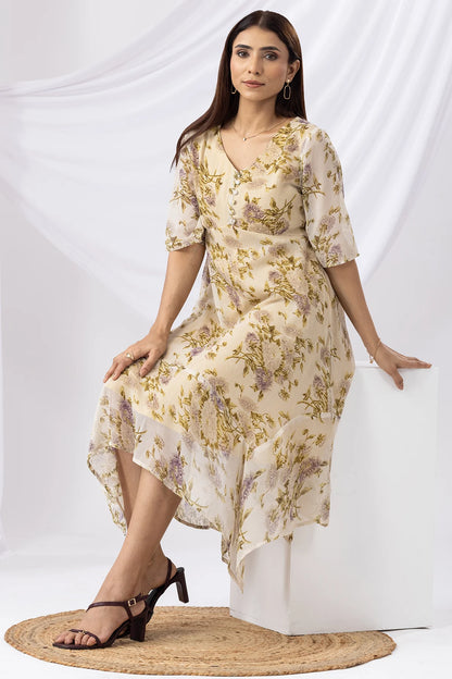 Pale Yellow Printed Chiffon Dress