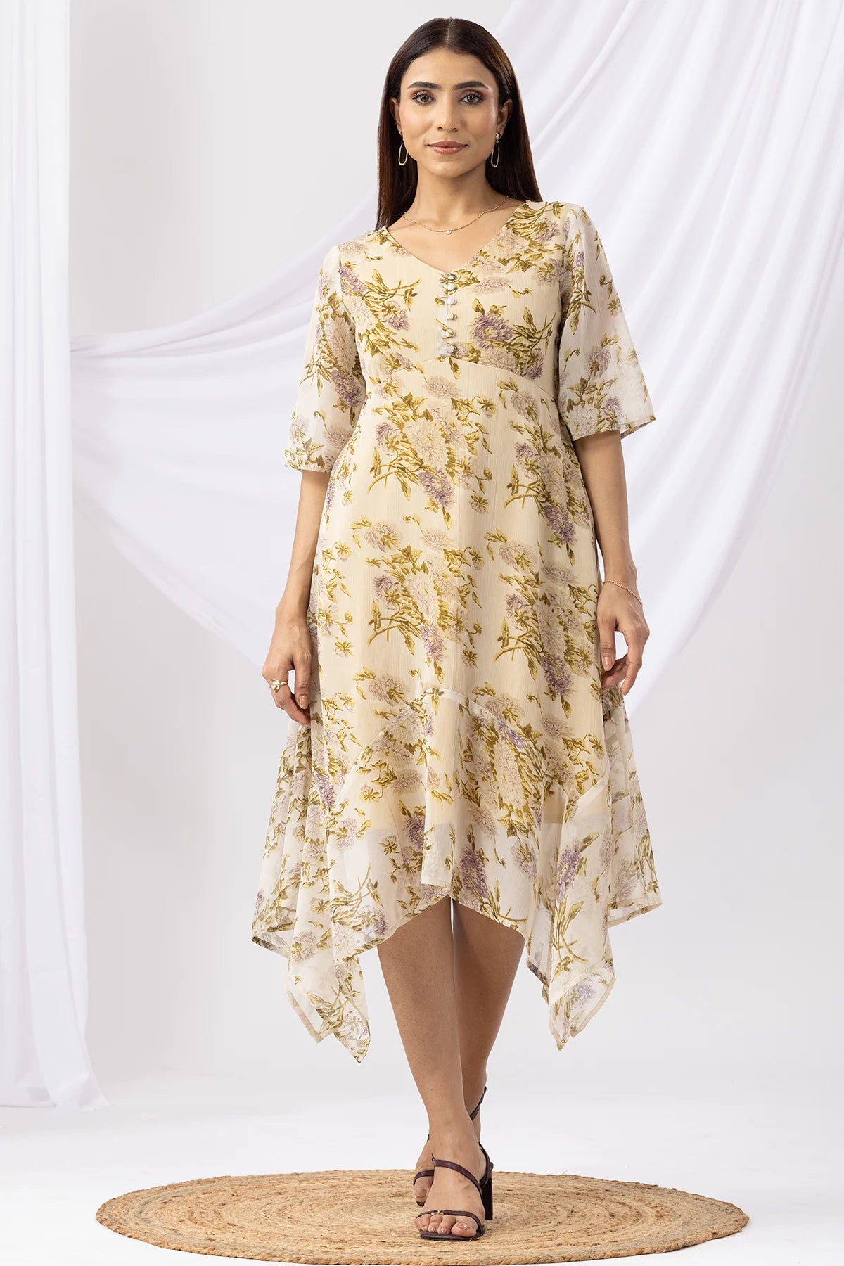 Pale Yellow Printed Chiffon Dress