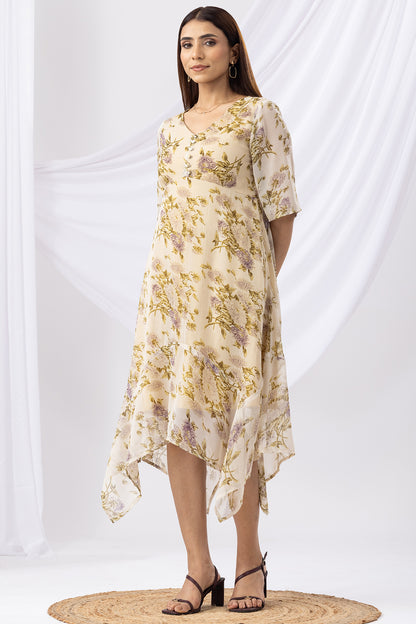 Pale Yellow Printed Chiffon Dress