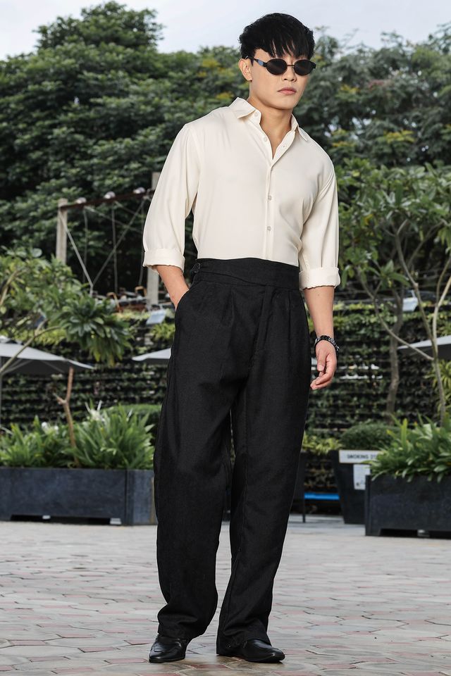 Black Corduroy Gurkha Trousers with Double Pleated Front
