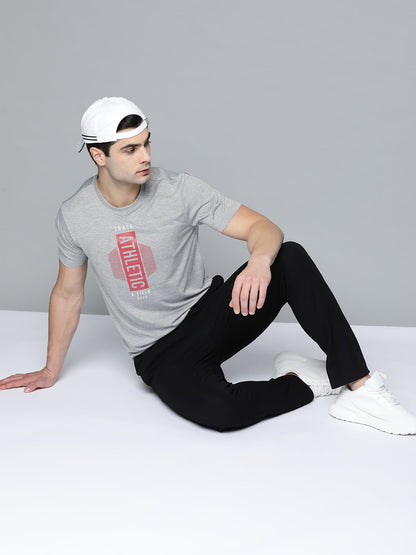 Alcis Men Grey Melange Red Typography Printed T-shirt