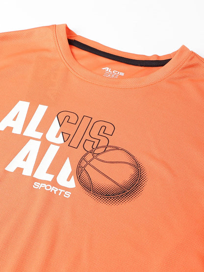 Alcis Men Printed Orange Anti-Static Slim-Fit Round Neck Training T-Shirt
