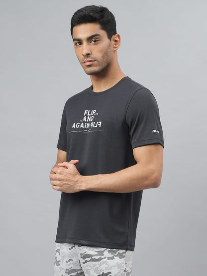 Alcis Men Printed Black Anti-Static Slim-Fit Round Neck Training T-Shirt
