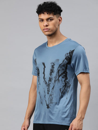 Alcis Men Blue Typography Printed Dry Tech Slim Fit T-shirt