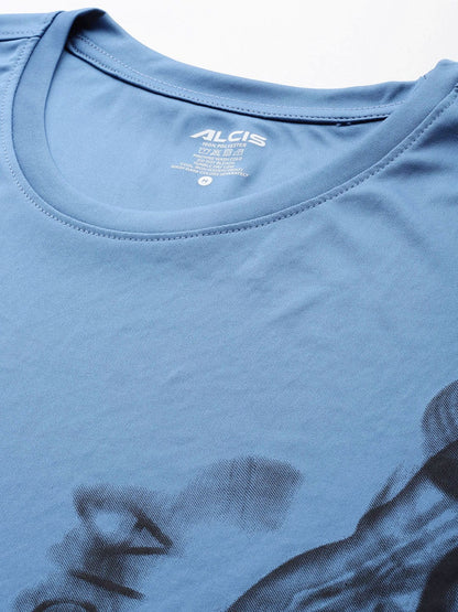 Alcis Men Blue Typography Printed Dry Tech Slim Fit T-shirt