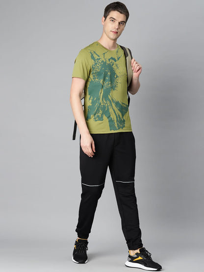 Alcis Men Olive Green Printed Anti Static Slim Fit Sports T-shirt