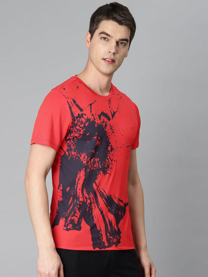 Alcis Men Red Printed Anti Static Slim Fit Sports T-shirt