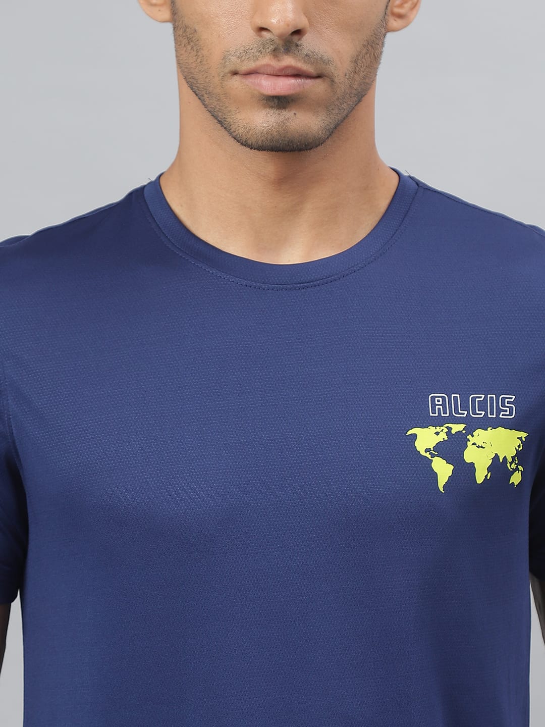 Alcis Men Printed Navy Anti-Static Slim-Fit Round Neck Training T-Shirt