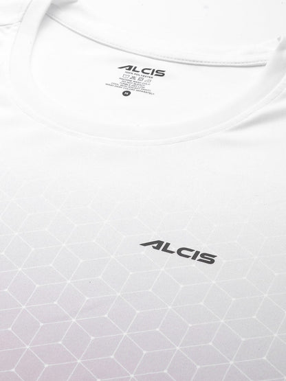 Alcis Men White Abstract Printed Dry Tech Slim Fit T-shirt