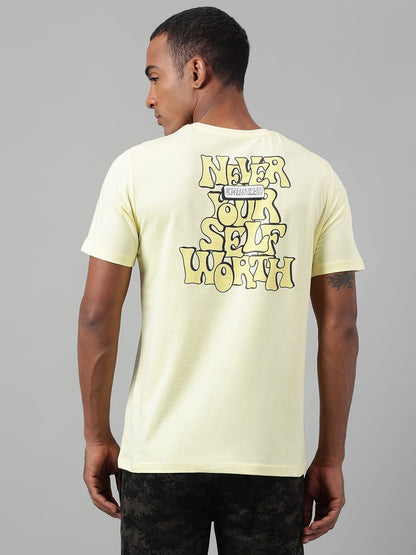 Alcis Men's Printed Light Yellow Soft-Touch Regular-Fit Athleisure T-Shirt