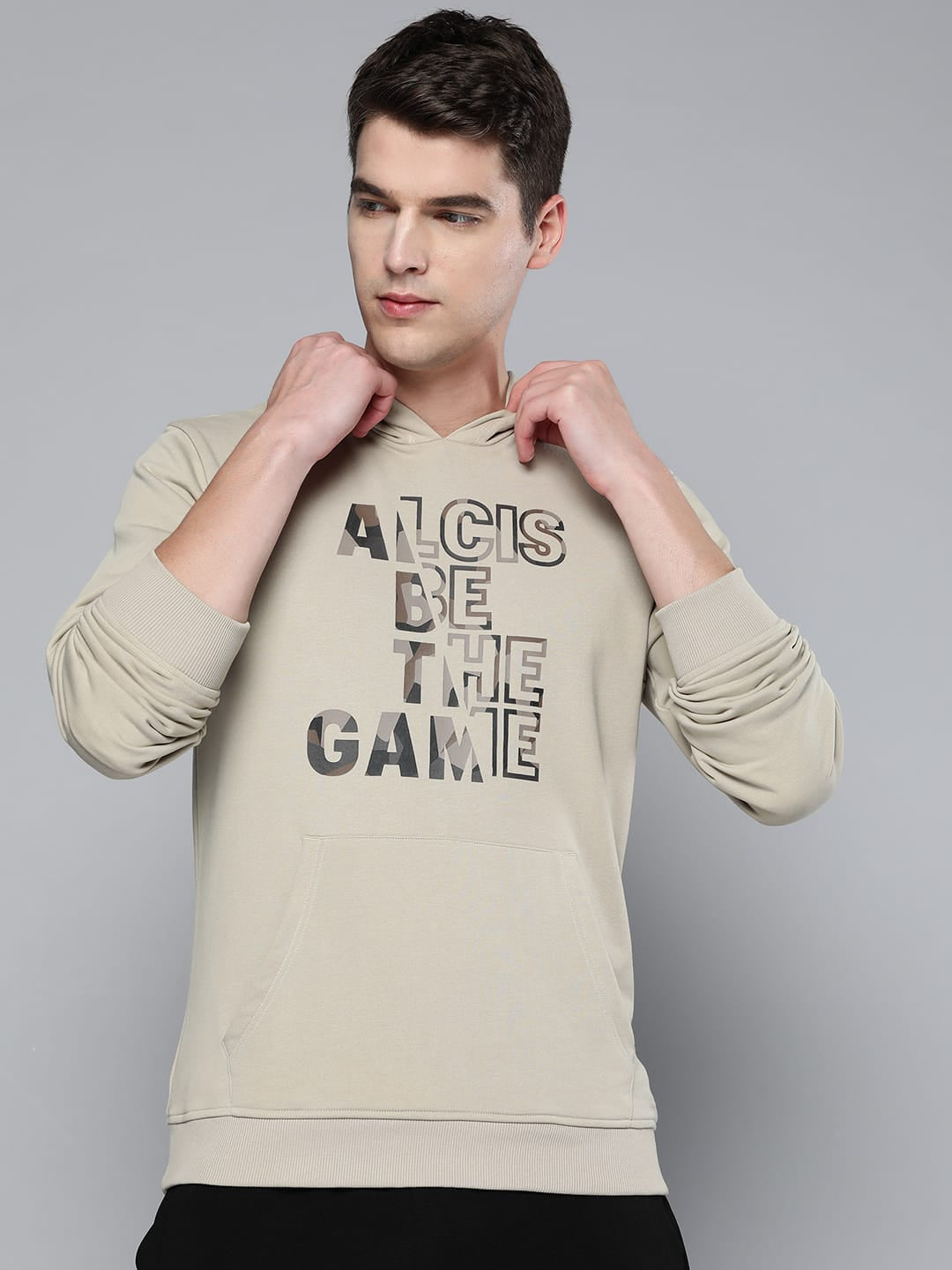 Alcis Men Cream-Coloured Printed Hooded Sweatshirt