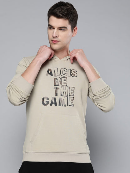 Alcis Men Cream-Coloured Printed Hooded Sweatshirt