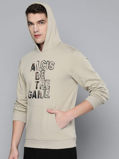 Alcis Men Cream-Coloured Printed Hooded Sweatshirt