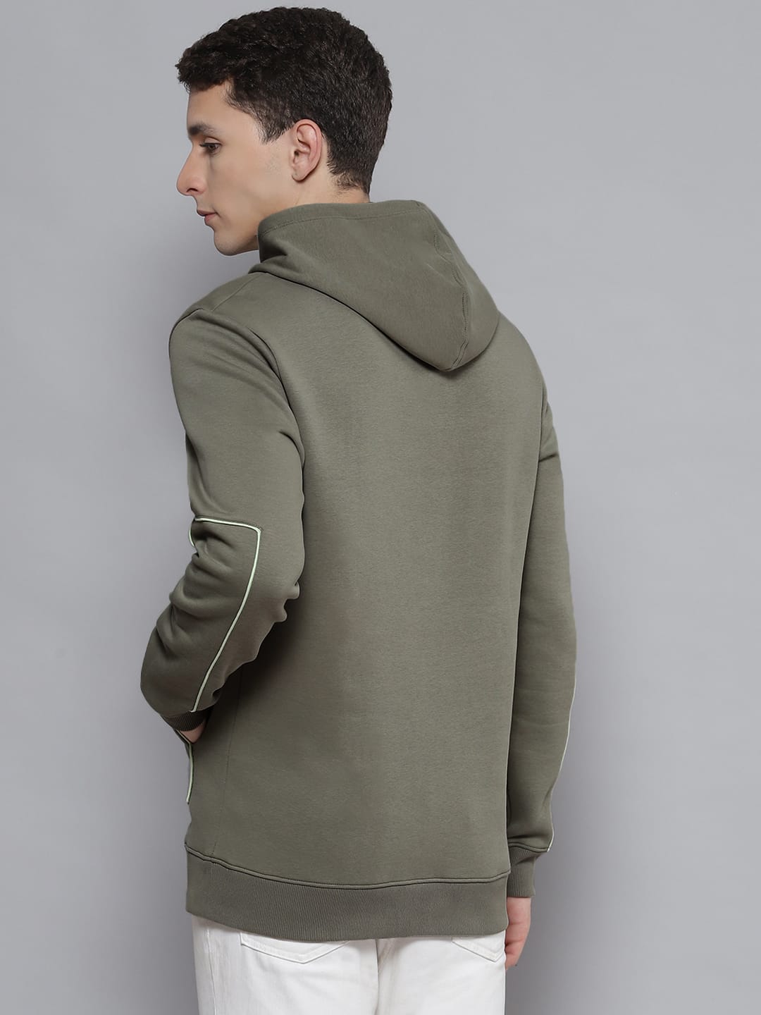 Alcis Men Olive Green & White Printed Hooded Sweatshirt