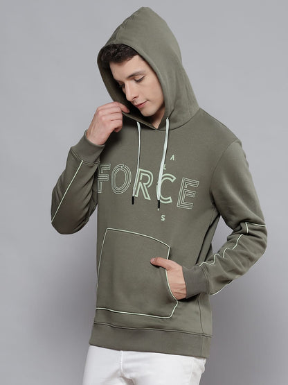 Alcis Men Olive Green & White Printed Hooded Sweatshirt