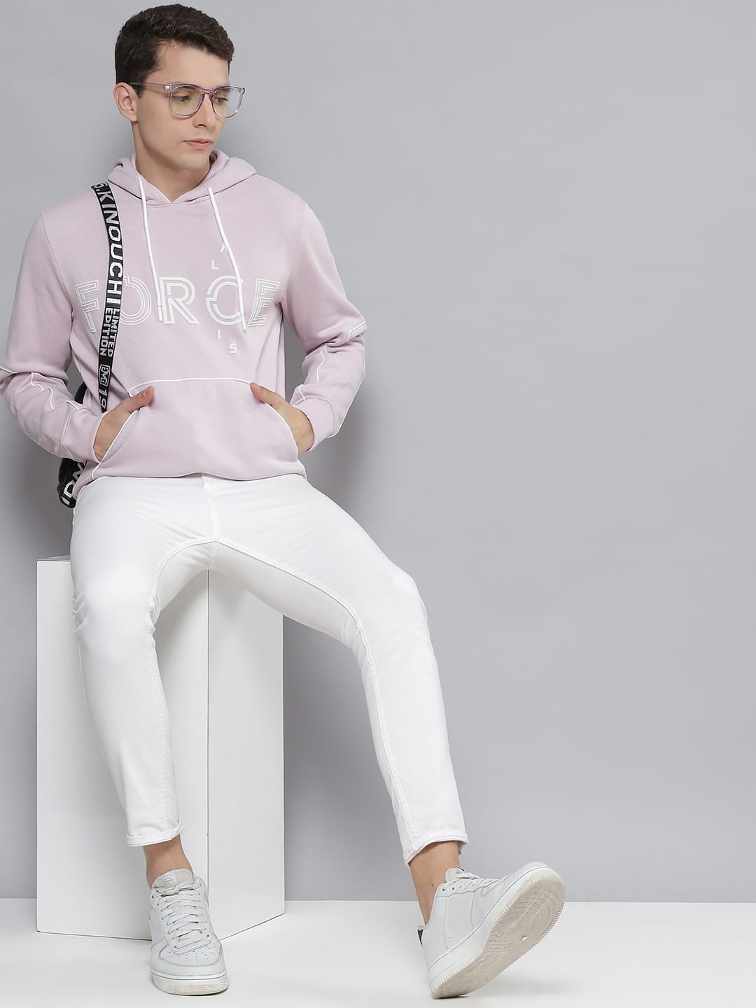 Alcis Men Lavender & White Printed Hooded Sweatshirt