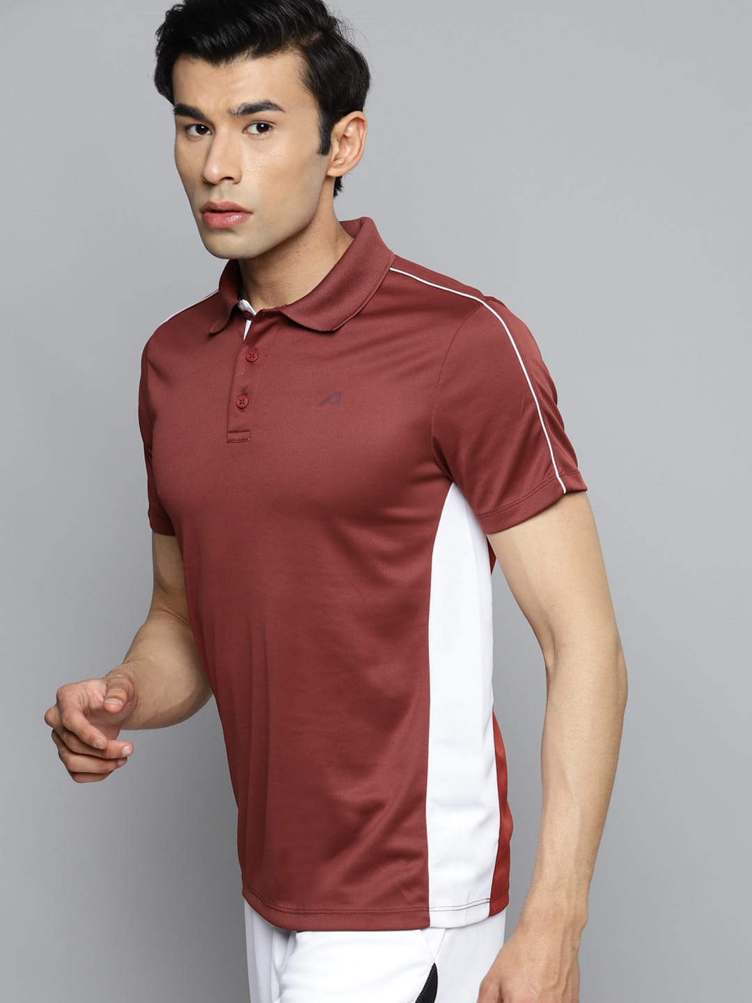 Alcis Men Maroon White Polo Collar Slim Fit Training or Gym T-shirt