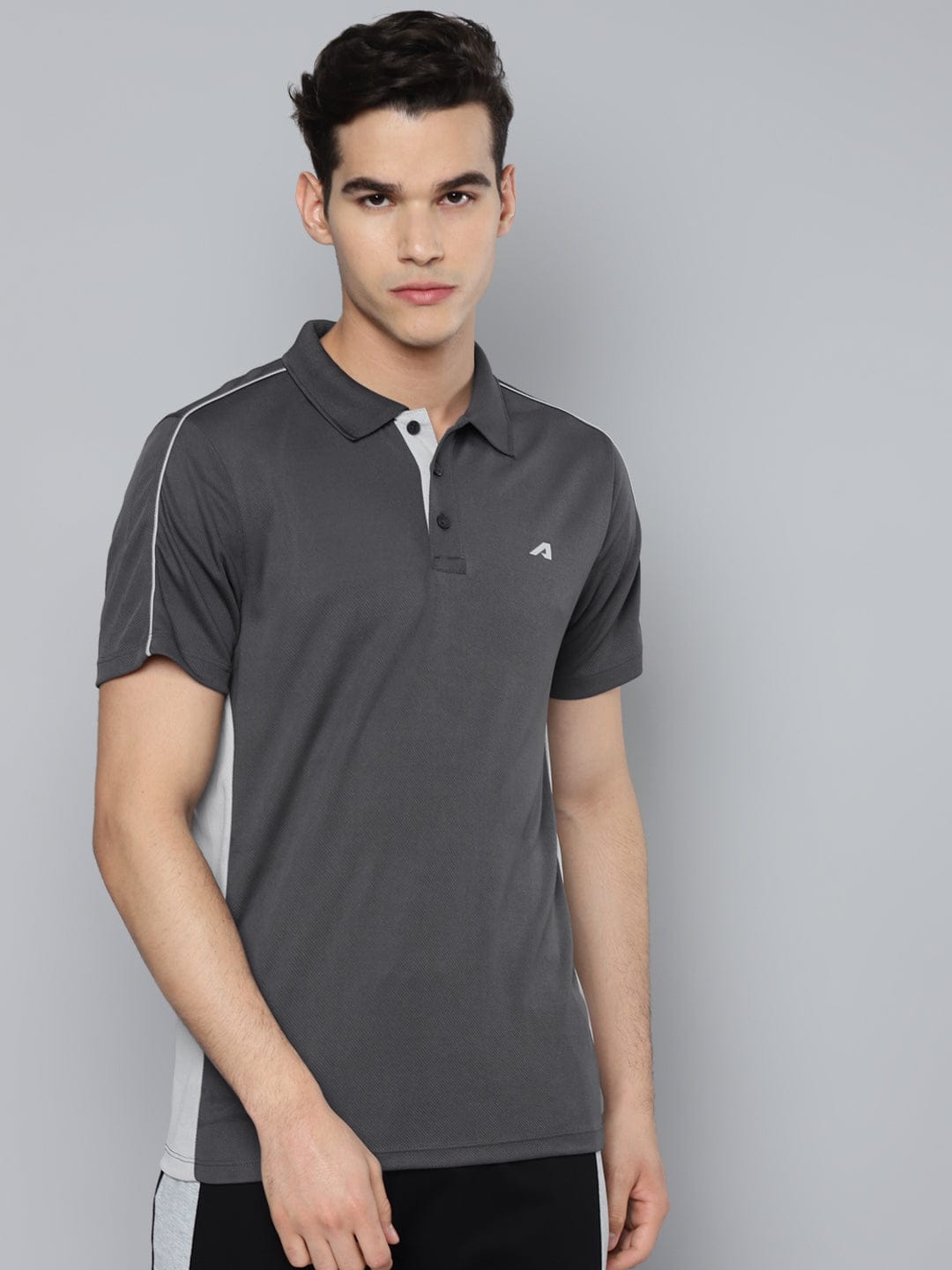 Alcis Men Charcoal  White Polo Collar Slim Fit Training or Gym T-shirt