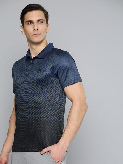 Alcis Men Navy Blue Black Printed Polo Collar Slim Fit Running T-shirt