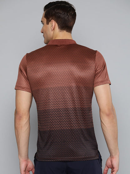 Alcis Men Brown Black Printed Polo Collar Slim Fit Running T-shirt
