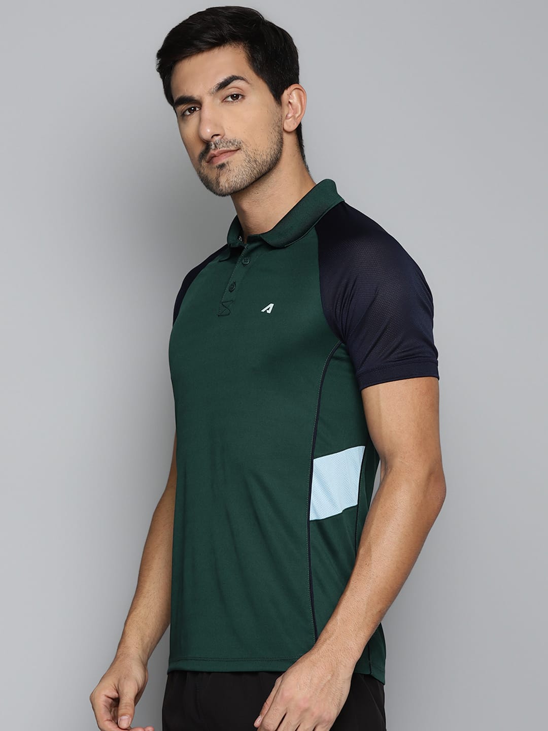 ALCIS Men Green & Navy Blue Colourblocked Polo Collar Slim Fit Running T-shirt