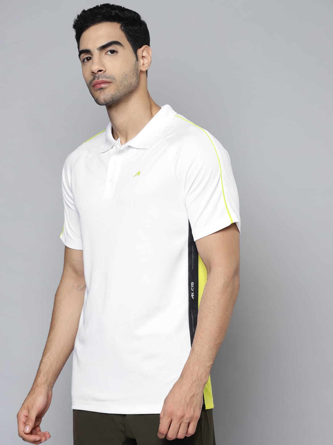 Alcis Men White Yellow Colourblocked Polo Collar Slim Fit T-shirt