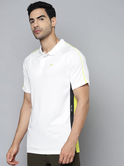 Alcis Men White Yellow Colourblocked Polo Collar Slim Fit T-shirt
