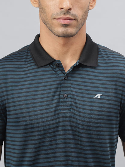 Alcis Men Blue Ashes Anti-Static Stretch-X Slim-Fit Running Polo T-Shirt