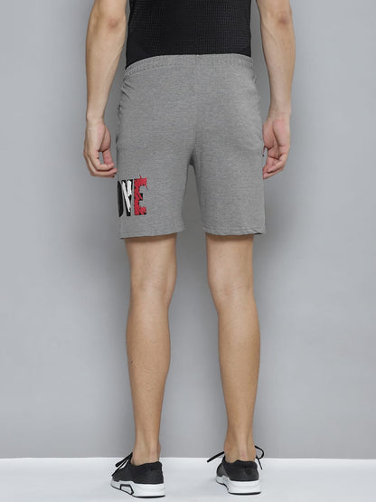 Alcis Men Grey Melange Typography Printed Slim Fit Training or Gym Sports Shorts