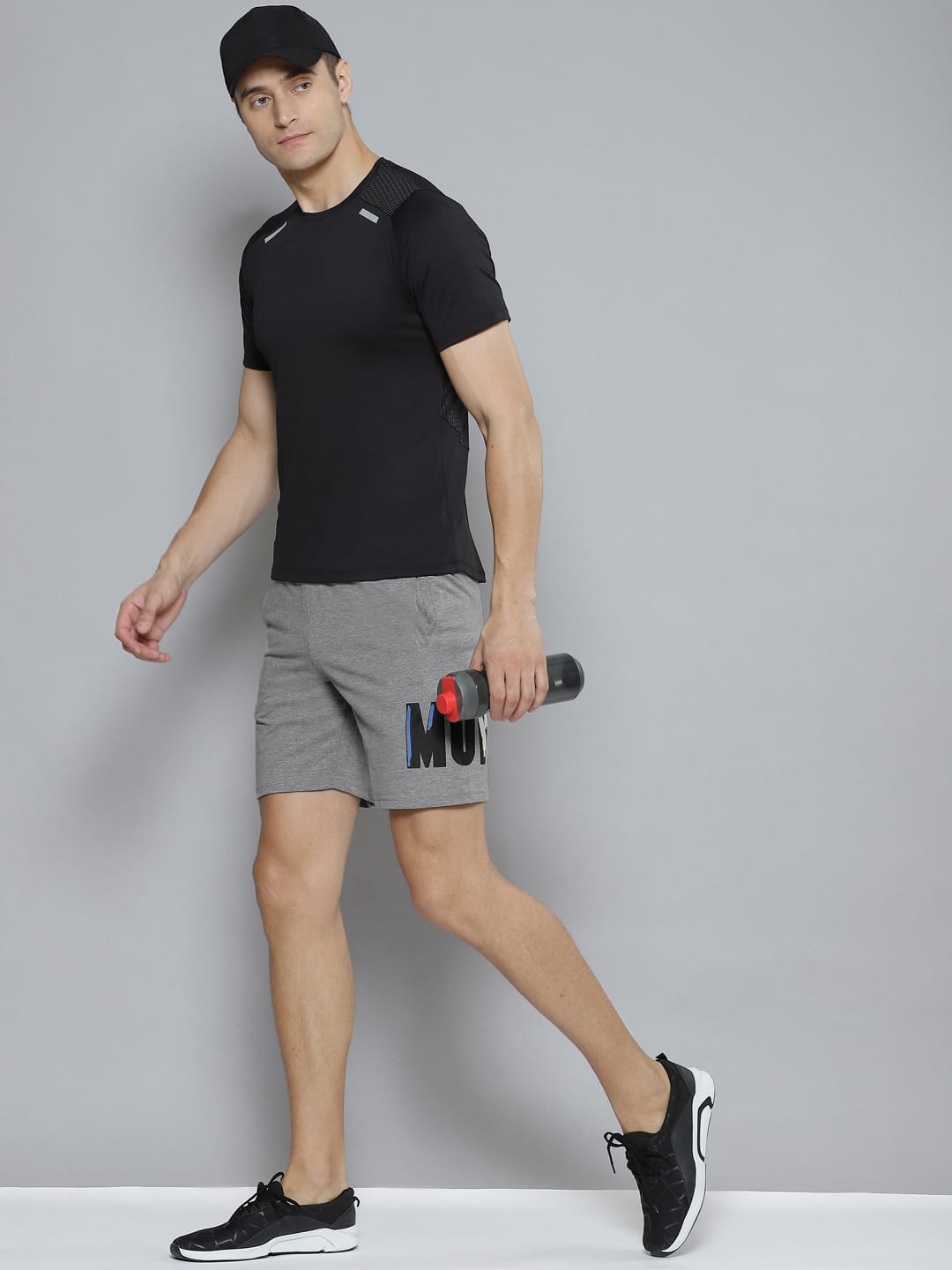 Alcis Men Grey Melange Typography Printed Slim Fit Training or Gym Sports Shorts