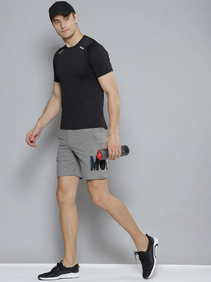 Alcis Men Grey Melange Typography Printed Slim Fit Training or Gym Sports Shorts