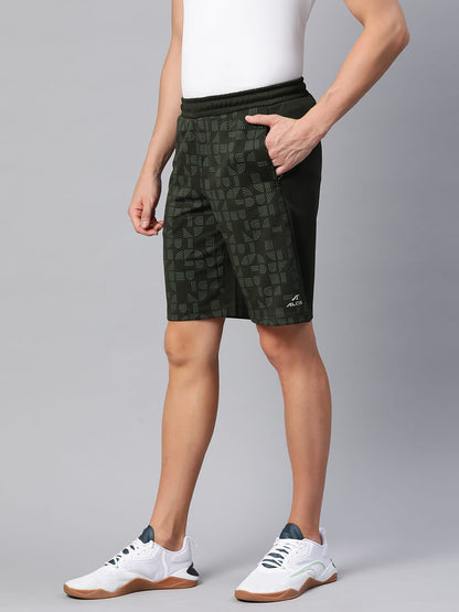 Alcis Men Olive Green Printed Slim Fit Training or Gym Sports Shorts