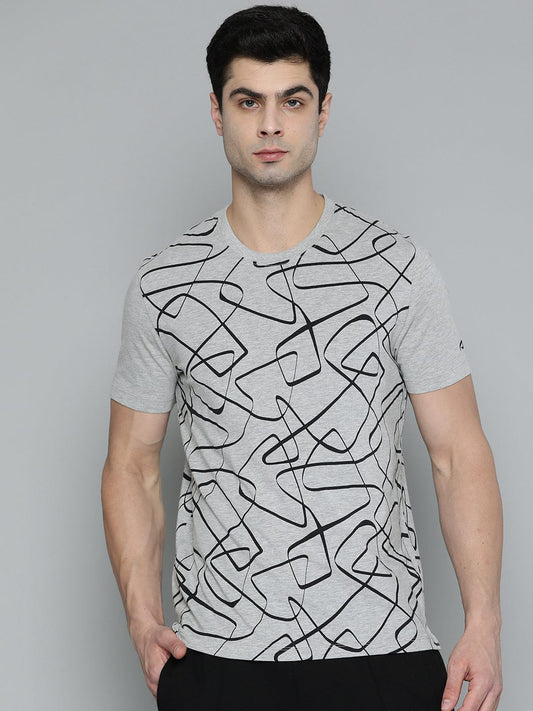 Alcis Men Grey Melange  Black Printed Sports T-shirt