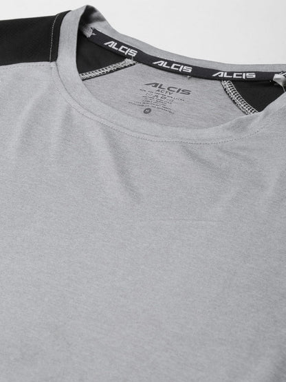 ALCIS Men Charcoal & Black Colourblocked Slim Fit Running T-shirt
