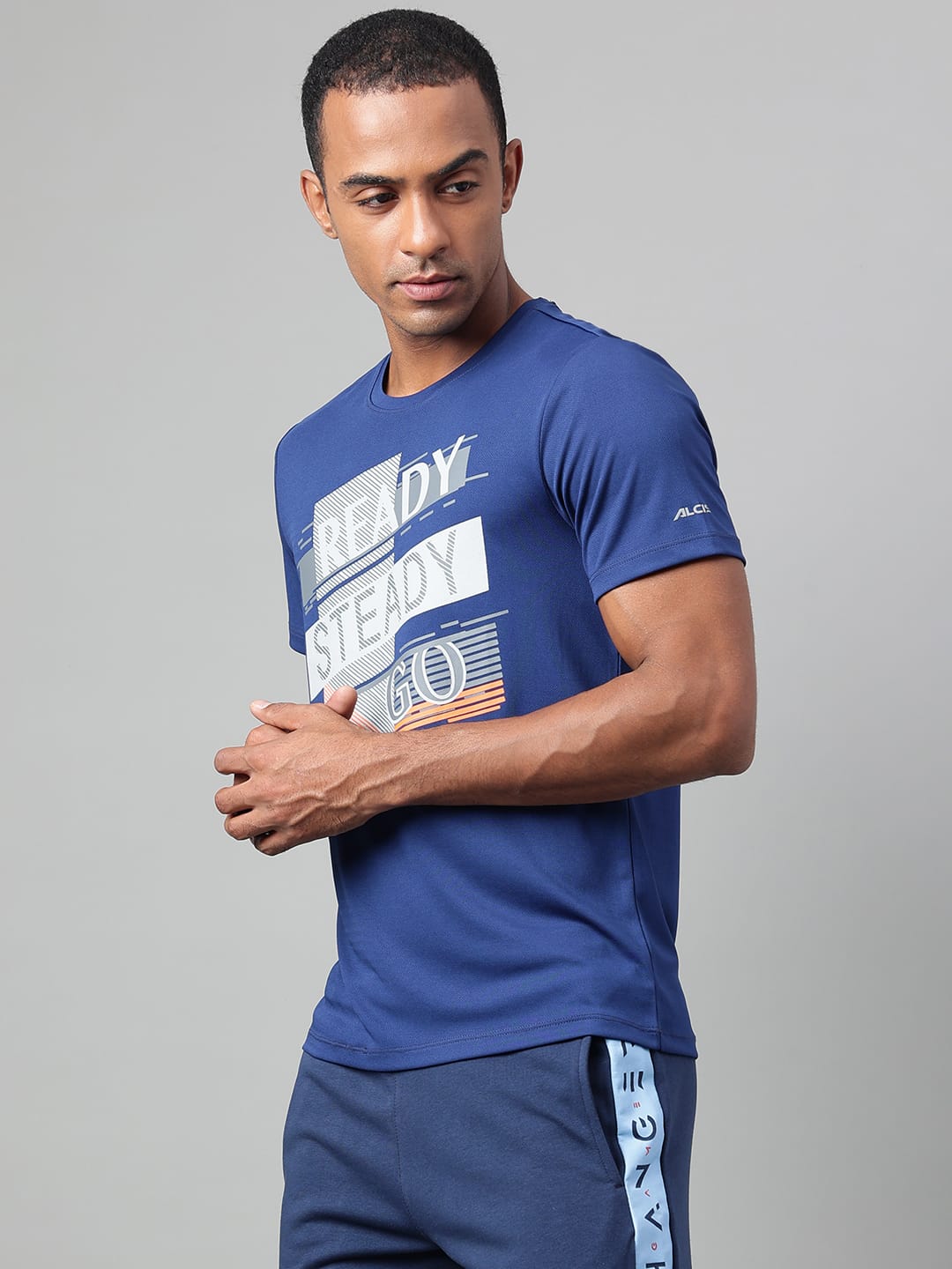 Alcis Men's Printed Navy Anti-Static Drytech+ Slim-Fit Training Tee