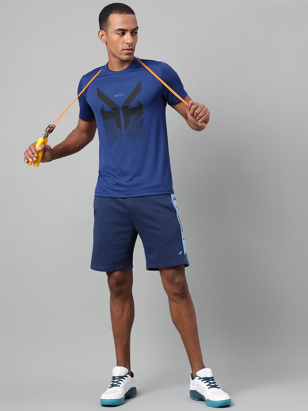 Alcis Men's Printed Navy Anti-Static Drytech+ Slim-Fit Training Tee