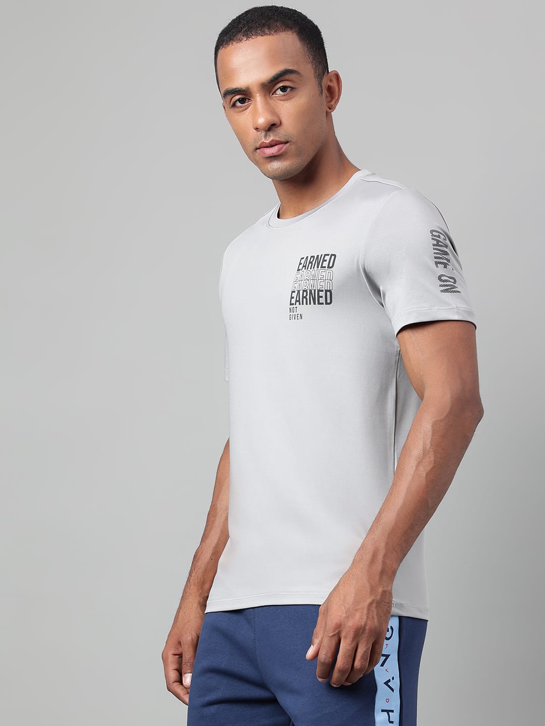Alcis Men's Printed Grey Anti-Static Drytech+ Slim-Fit Training Tee