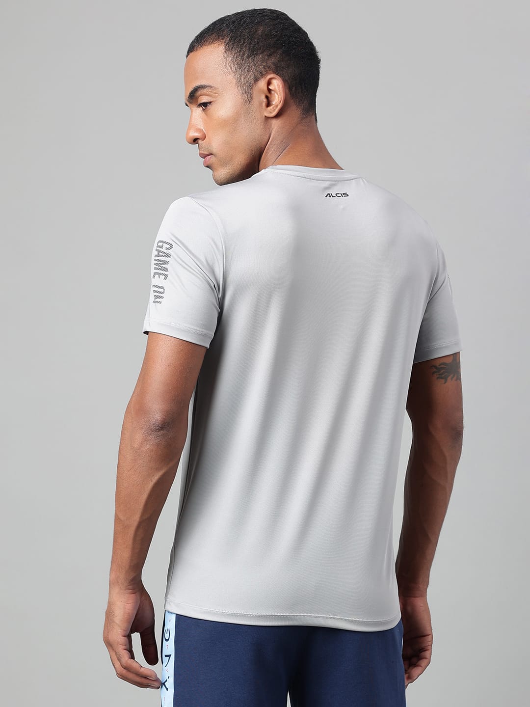 Alcis Men's Printed Grey Anti-Static Drytech+ Slim-Fit Training Tee